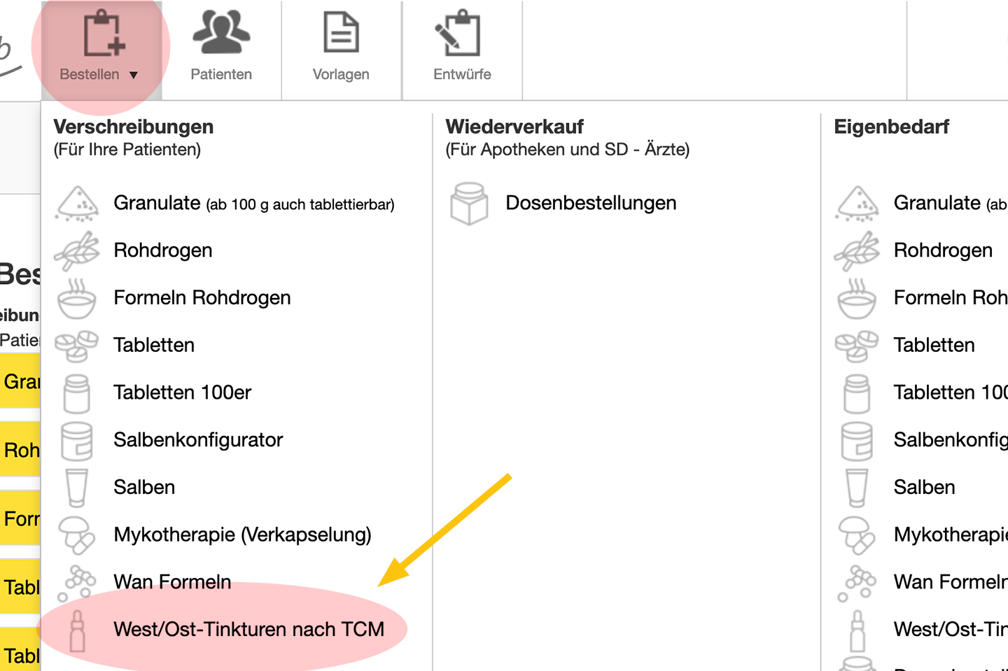 Auf diesem Bild sieht man einen Printscreen des Bestellsystems Compleweb, in dem man Urtinkturen bestellen kann.